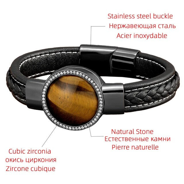 Miniature : Natural Round Gemstone Pave Setting Cubic Zirconia Men Bracelet Leather Rope Cha