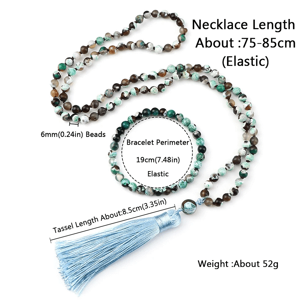 الصورة المصغرة: Green Fire Agate Necklace with Bracelet,108 Bead Mala Prayer Heal Yoga Necklace