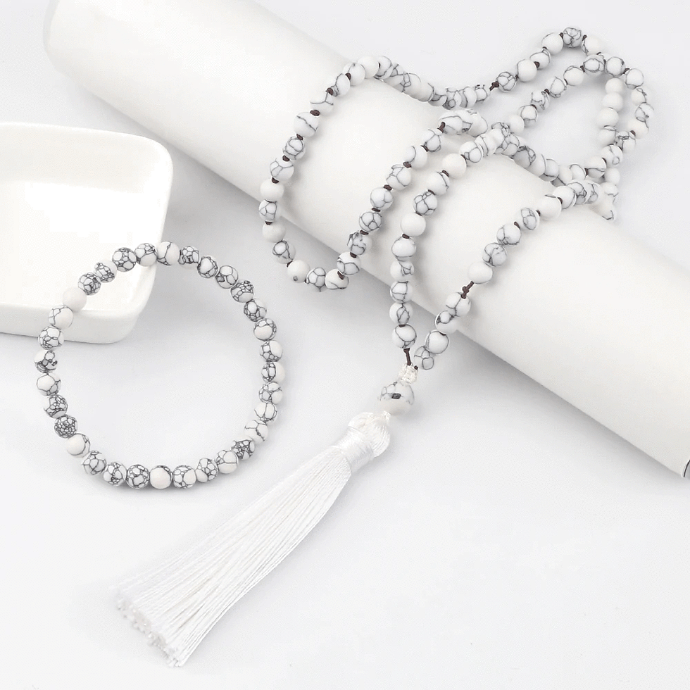 الصورة المصغرة: 6mm White Howlite Necklace with Bracelet,108 Bead Mala Prayer Heal Yoga Necklace