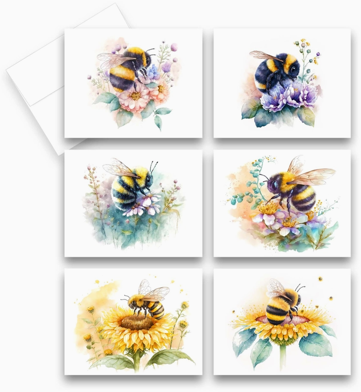 Assorted Honeybee Greeting Cards, Set of 6, Blank Notecards