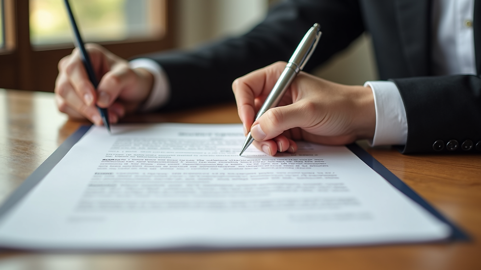 Close-up view of a mediation agreement being signed on a wooden table