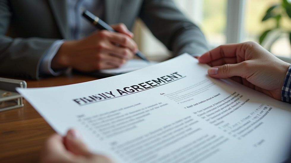 Close-up view of hands holding a family agreement document