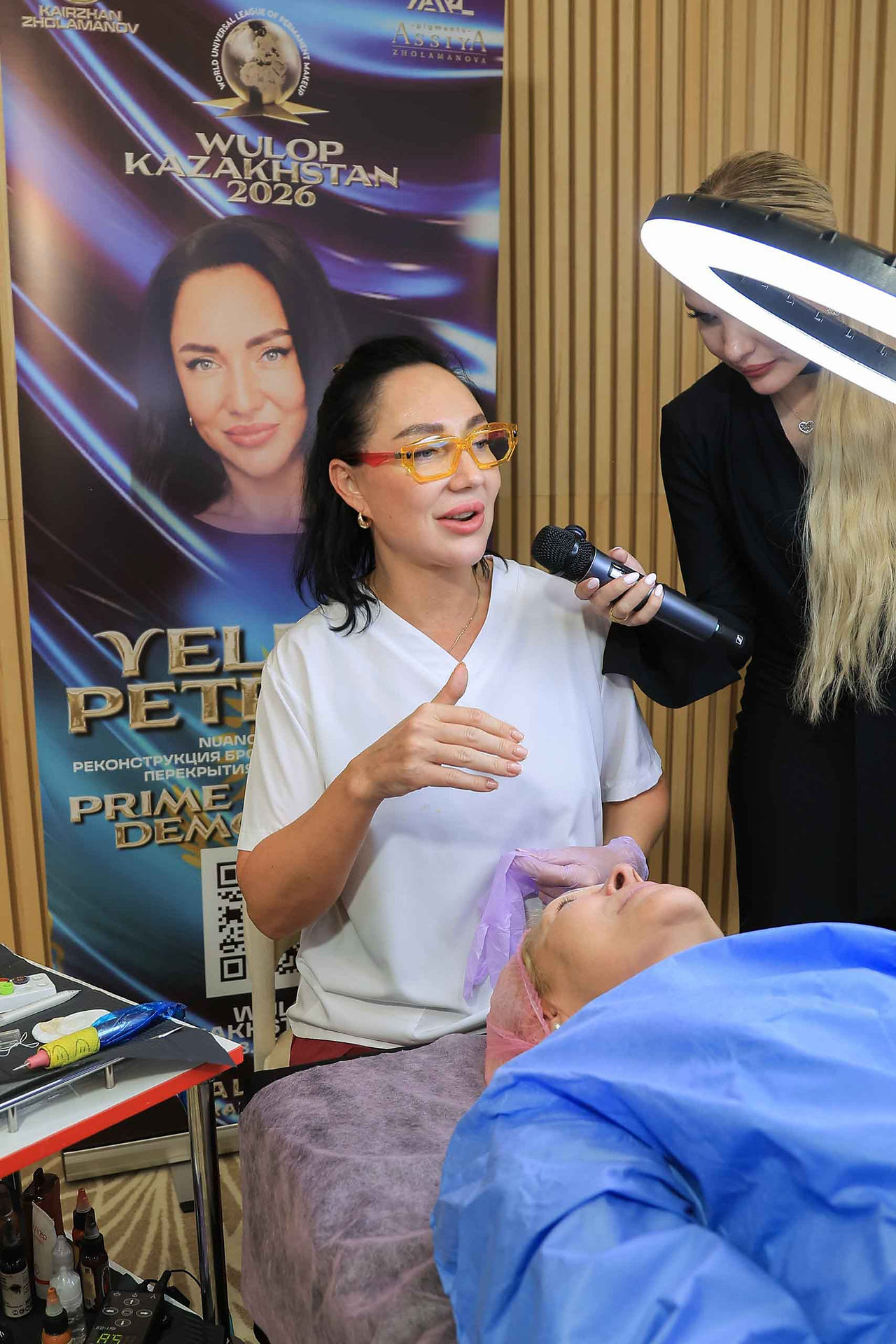 Prime Speaker Demo Show at WULOP Kazakhstan 2026 in Almaty — live demonstrations of permanent makeup techniques on models, PMU artists at work, and professional showcases as part of the conference program