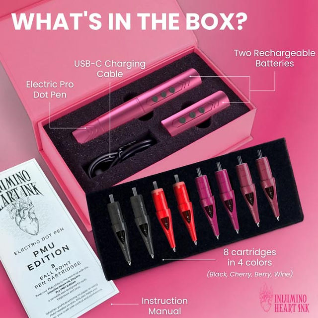 Contenido del kit Inlumino Heart Ink Electric Pro Dot Pen para la práctica de PMU.