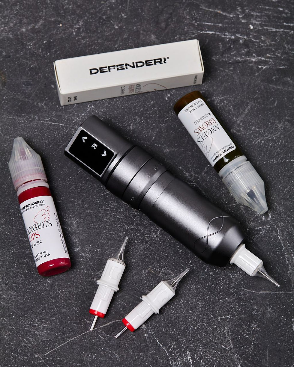 Defenderr permanent makeup device with Defenderr cartridges and pigments displayed against a dark background.