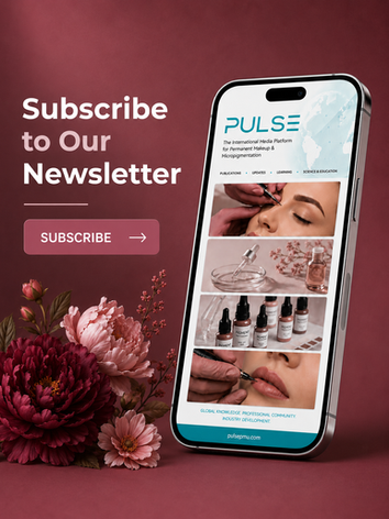 PULSE PMU newsletter subscription banner featuring a smartphone displaying the PULSE website, a large "Subscribe to Our Newsletter" call-to-action button, and elegant burgundy and pink flowers on a soft gradient background.