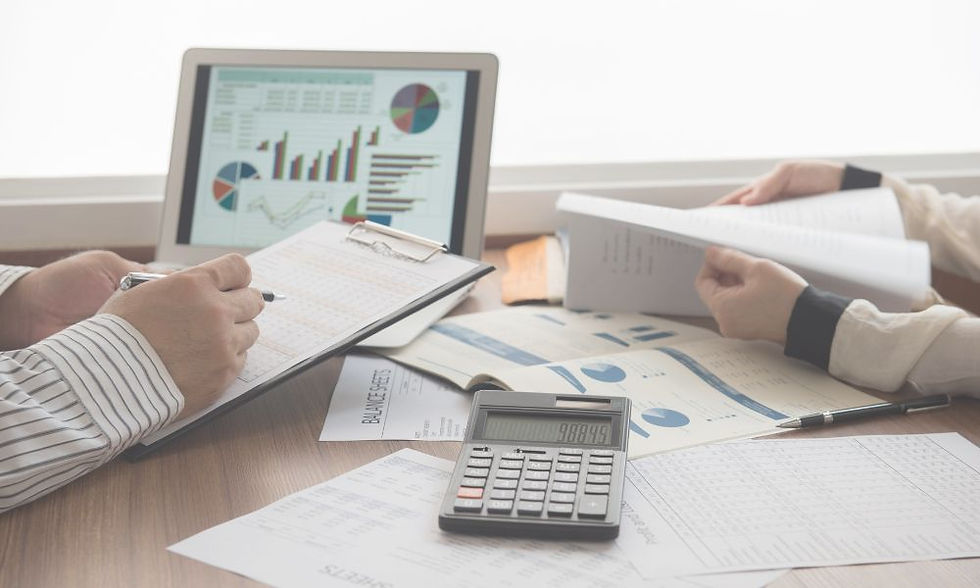 Business owner and bookkeeper reviewing financial documents