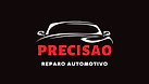 Logotipo da Precisão Reparo Automotivo com um carro estilizado em branco e texto em vermelho e branco sobre fundo preto.