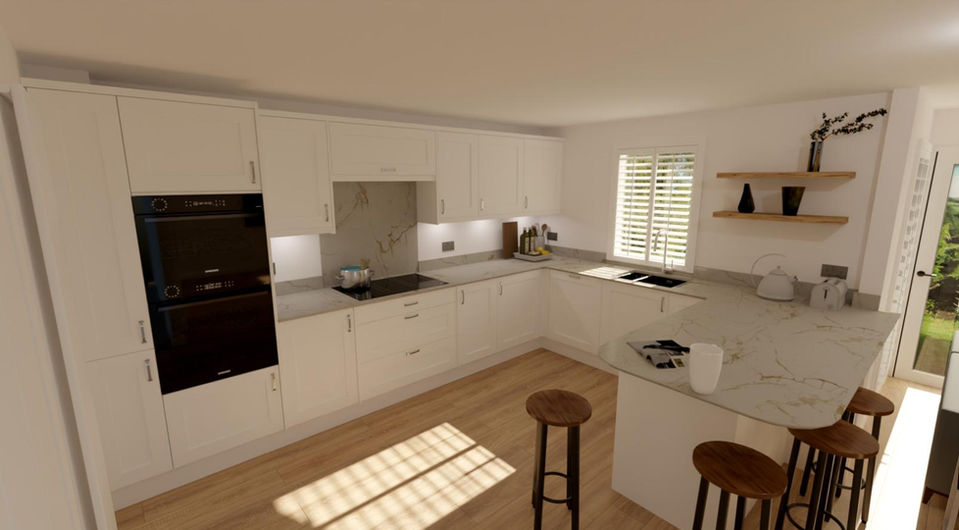 Shaker kitchen design with built-in ovens and peninsula seating