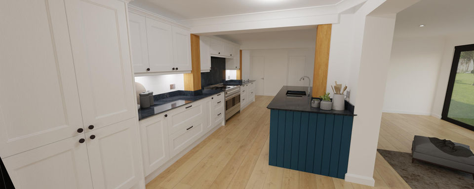 White shaker kitchen layout with blue island and oak feature posts