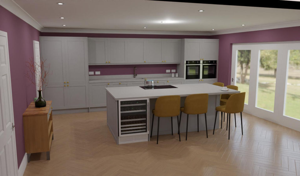 Pastel shaker kitchen design with island seating and quartz worktops
