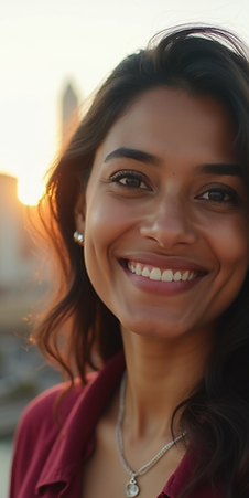 A warm, inviting portrait of a confident Indian woman smiling gently, with a soft-focus ci