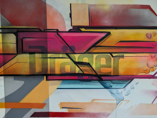 Dräger Schriftzug als Teil einer modernen Corporate Wandmalerei im Creative Space Bern. Schweiz. Europa. Fertigstellung 2025.