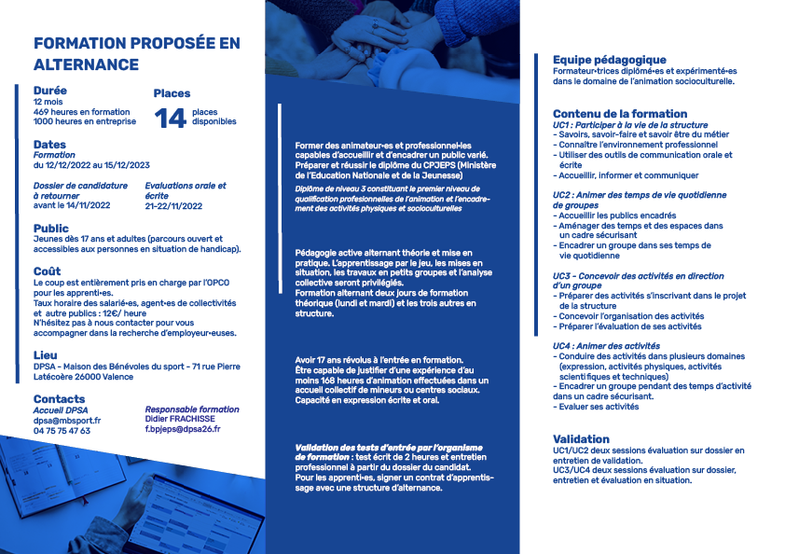 Verso de la brochure de formation du CPJEPS