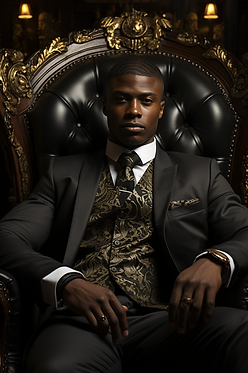 Black man sitting in king's chair, modeling for KXNG Cosmetics