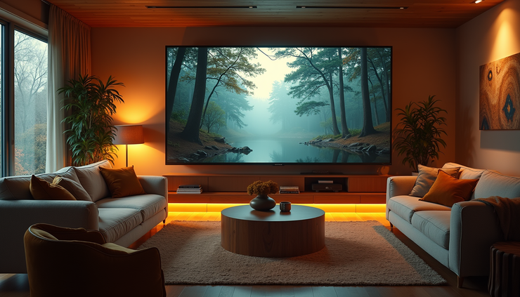 Wide angle view of a cozy living room with a large screen showing a nature documentary