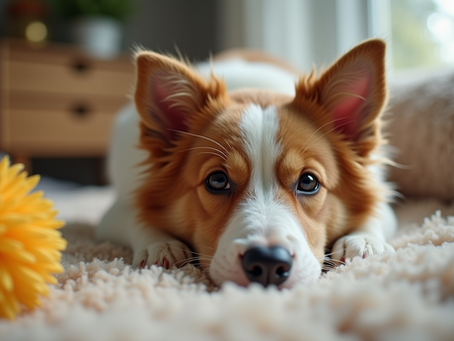 dog relaxing, four balanced paws
