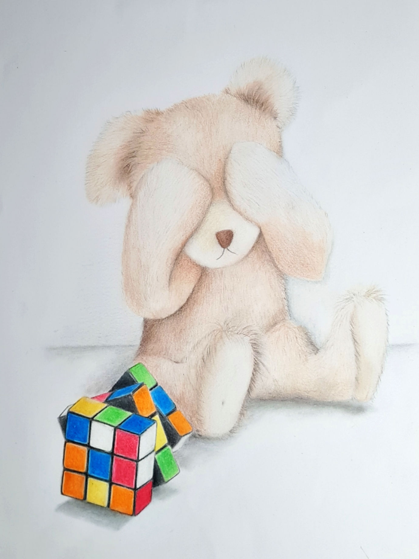 Realistische Buntstiftzeichnung Teddy verzweifelt an seinem Zauberwürfel