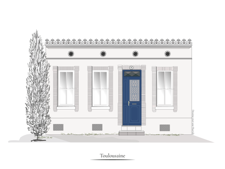 La façade d'une petite "Toulousaine", maison typique de plain-pied, comportant un antéfixe et une corniche de terre moulée , une porte bleue, ouvragée et trois fenêtres encadrées de brique. Un cyprès la décore, à sa gauche.