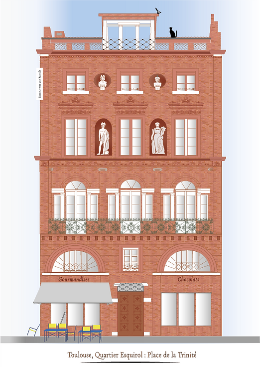 La Maison Lamothe, emblématique de l'architecture toulousaine, avec ses quatre étages surmontés d'une terrasse, décorée de statues, de colonnes, de frises délicates et de serliennes. Le balcon est un des chefs d'oeuvre de la ferronnerie du XIXe