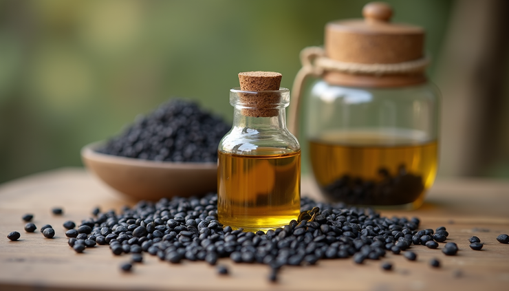 Close-up view of a small glass bottle filled with black seed oil surrounded by black seeds on a wooden surface