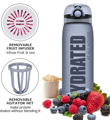 Elvira 32oz Motivational Water Bottle with Time Marker & Removable Fruit Infuser