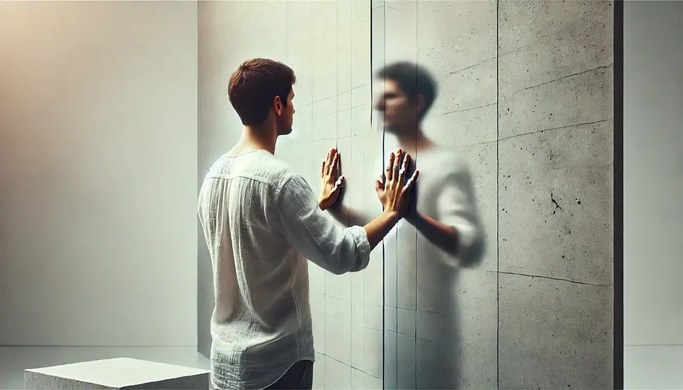 Unsichtbare mentale Barrieren durch Glaubenssatzarbeit überwinden: Eine Person drückt mit den Händen gegen eine unsichtbare Mauer – Symbol für innere Blockaden.