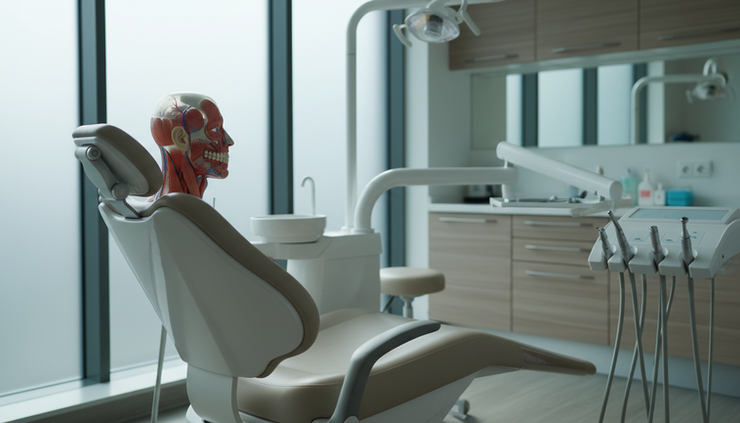 Wide-angle view of a dental treatment room with an anatomical face model on a clinical chair