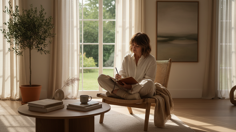 Eye-level view of a woman journaling in a cozy, sunlit room