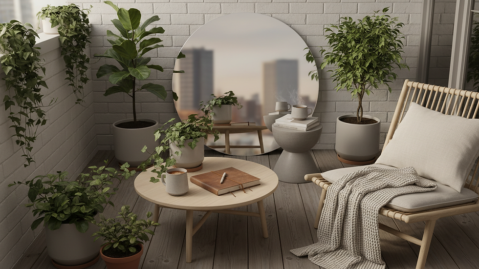 High angle view of a peaceful urban balcony with plants and a journal