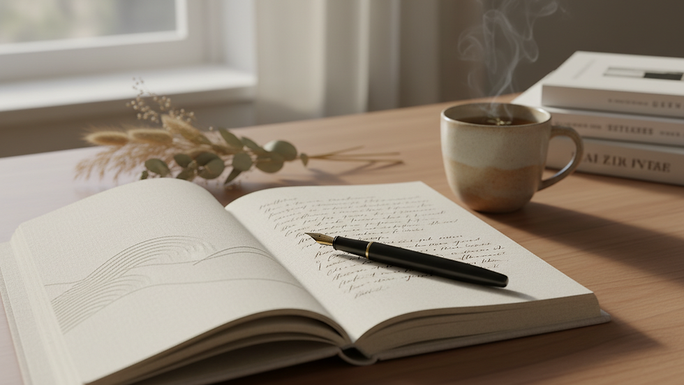 Close-up view of a journal with a pen resting on an open page