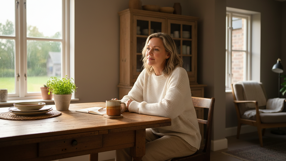 Eye-level view of a person sitting alone at a kitchen table in soft morning light