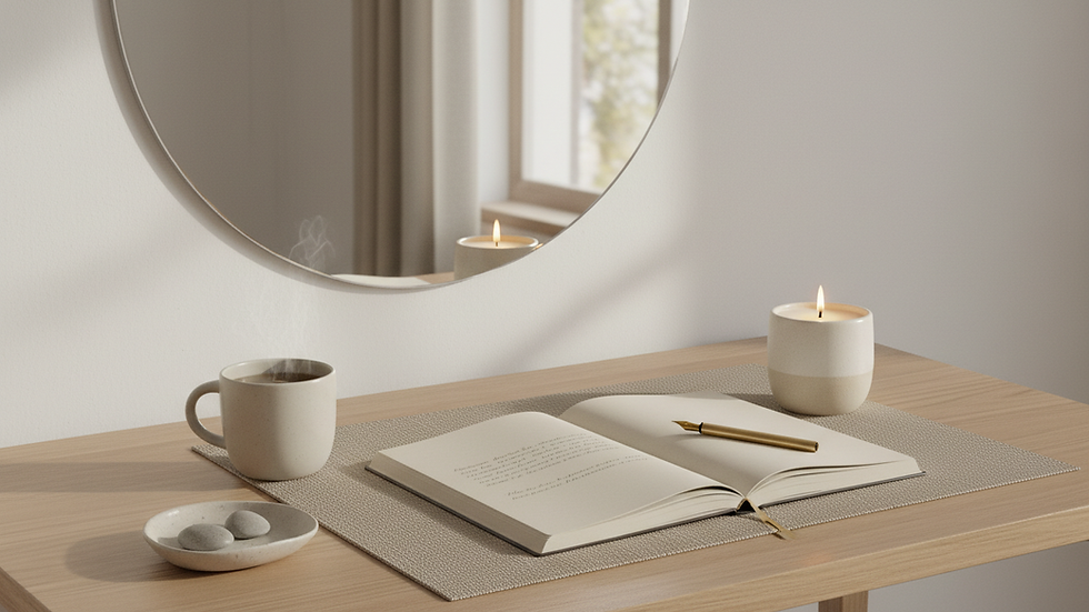 Eye-level view of a serene workspace with a journal and candle