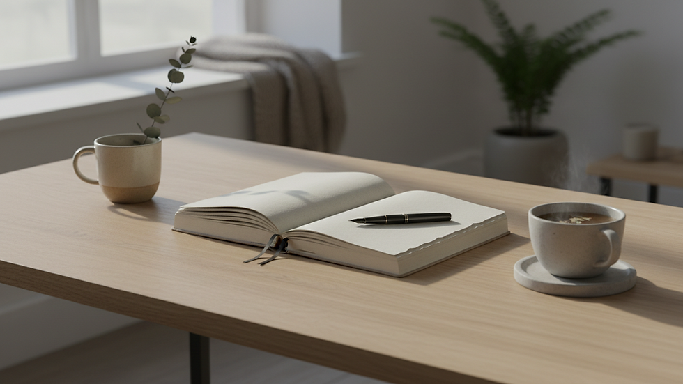 Close-up view of a minimalist desk with a notebook and pen