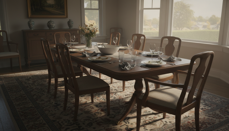 Wide-angle view of an empty dining room after a family meal