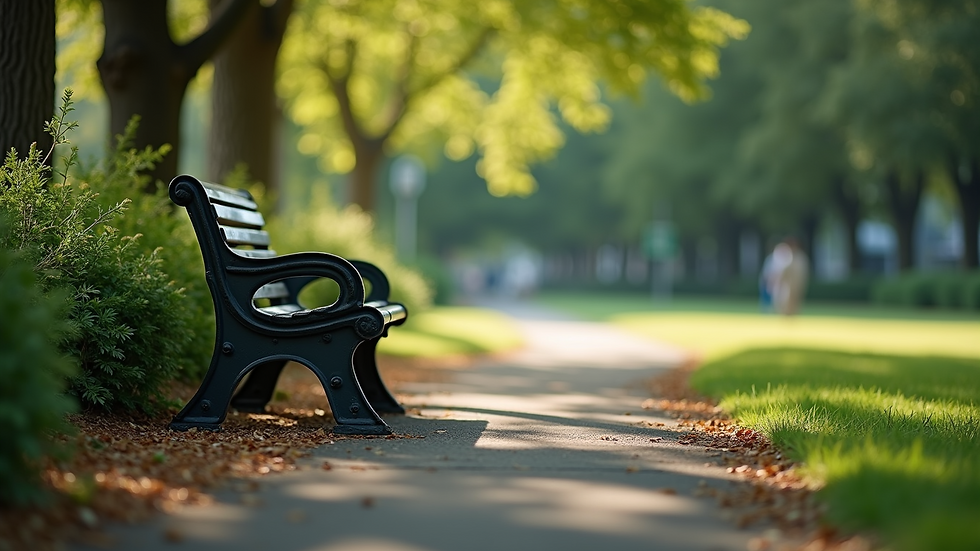 Eye-level view of a quiet city park bench surrounded by greenery