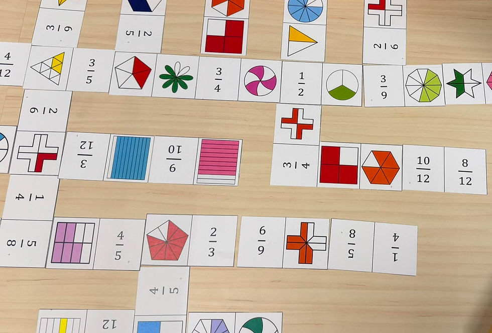 Fraction tile manipulatives and bar model cards used in a primary school maths lesson at By The Roots in Bukit Timah Plaza
