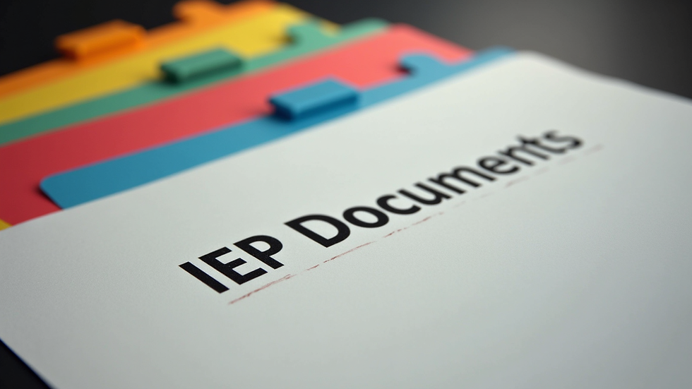 Close-up view of a folder labeled "IEP Documents" with colorful tabs