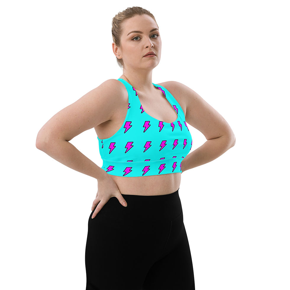 woman in blue sports bra with lightning bolts