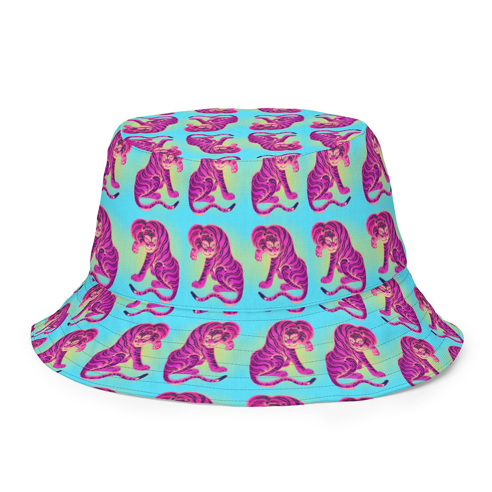 Blue bucket hat with pink tiger print