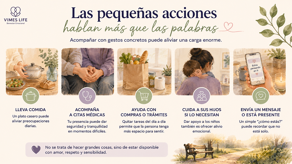 Pequeñas acciones de apoyo emocional, como acompañar, cocinar o ayudar en tareas cotidianas durante el duelo.