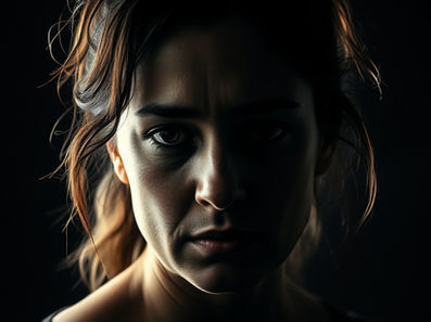 Mujer en silencio con expresión emocional profunda y sombras suaves representando emociones reprimidas