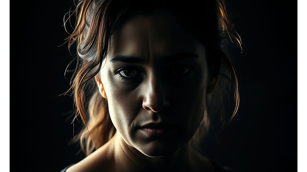 Mujer en silencio con expresión emocional profunda y sombras suaves representando emociones reprimidas