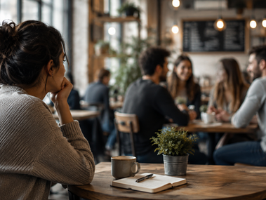 Adulto observando una conversación en un entorno social, representación de las diferencias en interacción social asociadas al autismo en adultos