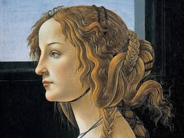 Fragmented illustration inspired by Portrait of Simonetta Vespucci by Sandro Botticelli, reimagined for Katya Hutter’s table design concept, highlighting delicate facial features, flowing hair, and Renaissance elegance translated into a floral narrative.