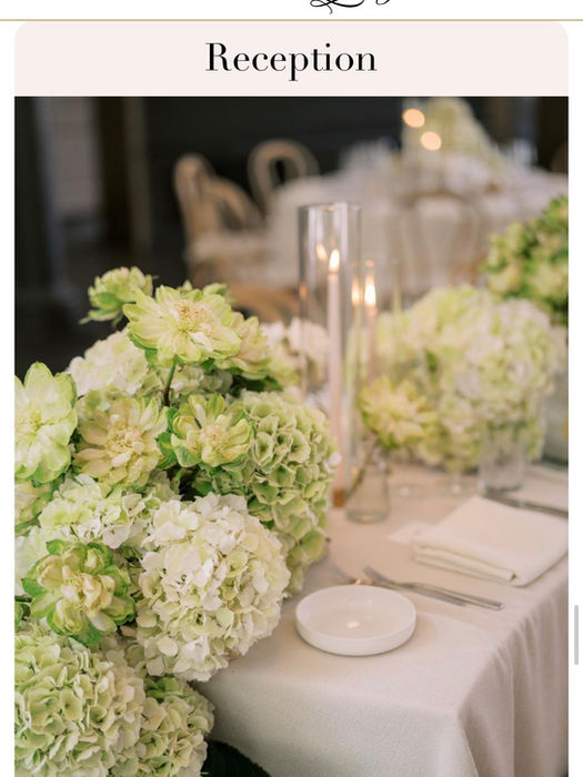 Reception table styled with floral centerpieces, candles, and elegant tableware in a light, refined palette.