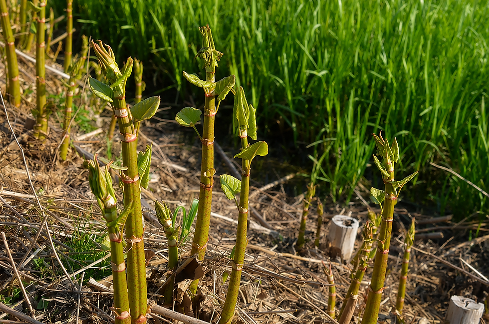 Japanese knotweed shoots emerging from bare soil in early spring, showing characteristic jointed bamboo-like stems and small green leaves