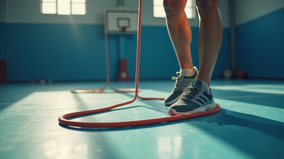 Eye-level view of skipping rope and shoes on gym floor