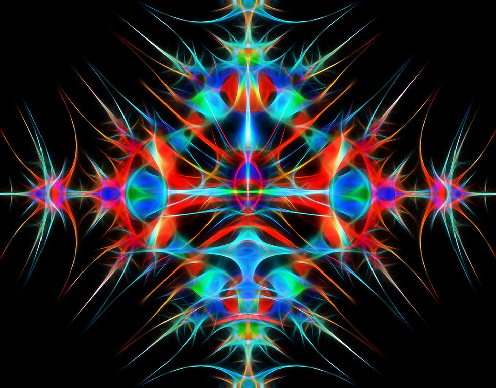 Symmetrical neon fractal art with glowing blue and red lines.