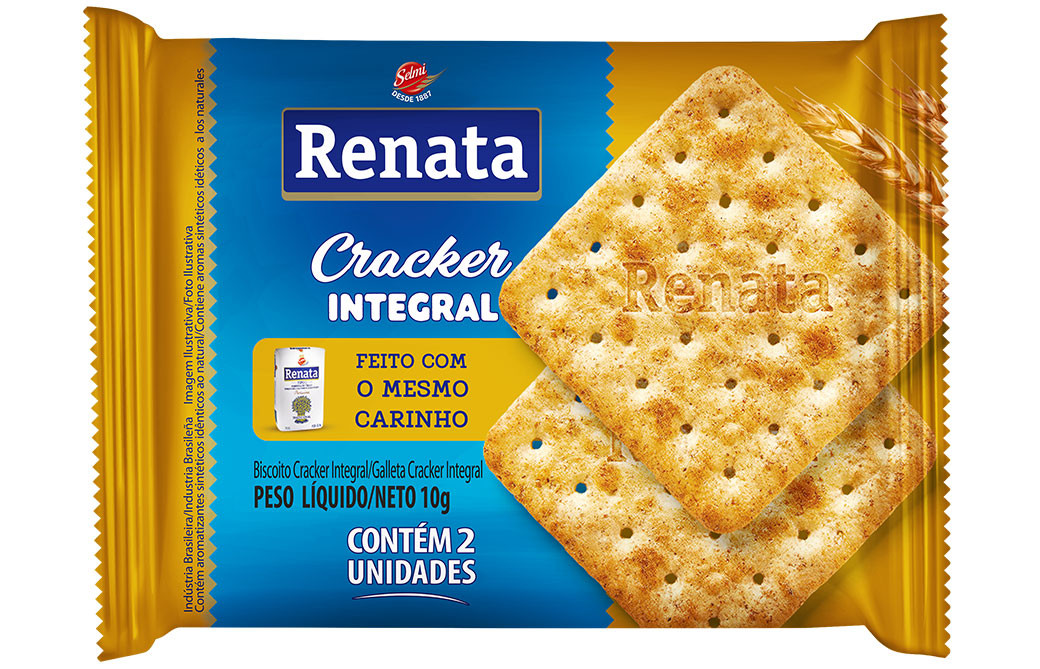 Biscoito Cracker Integral 2 x 2 Renata 10g Caixa c/ 180 saches